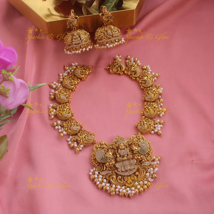 Elegant Gold alike Lakshmi dancing peacock short necklace with cz stones and gold beads - Sparkle and Glow