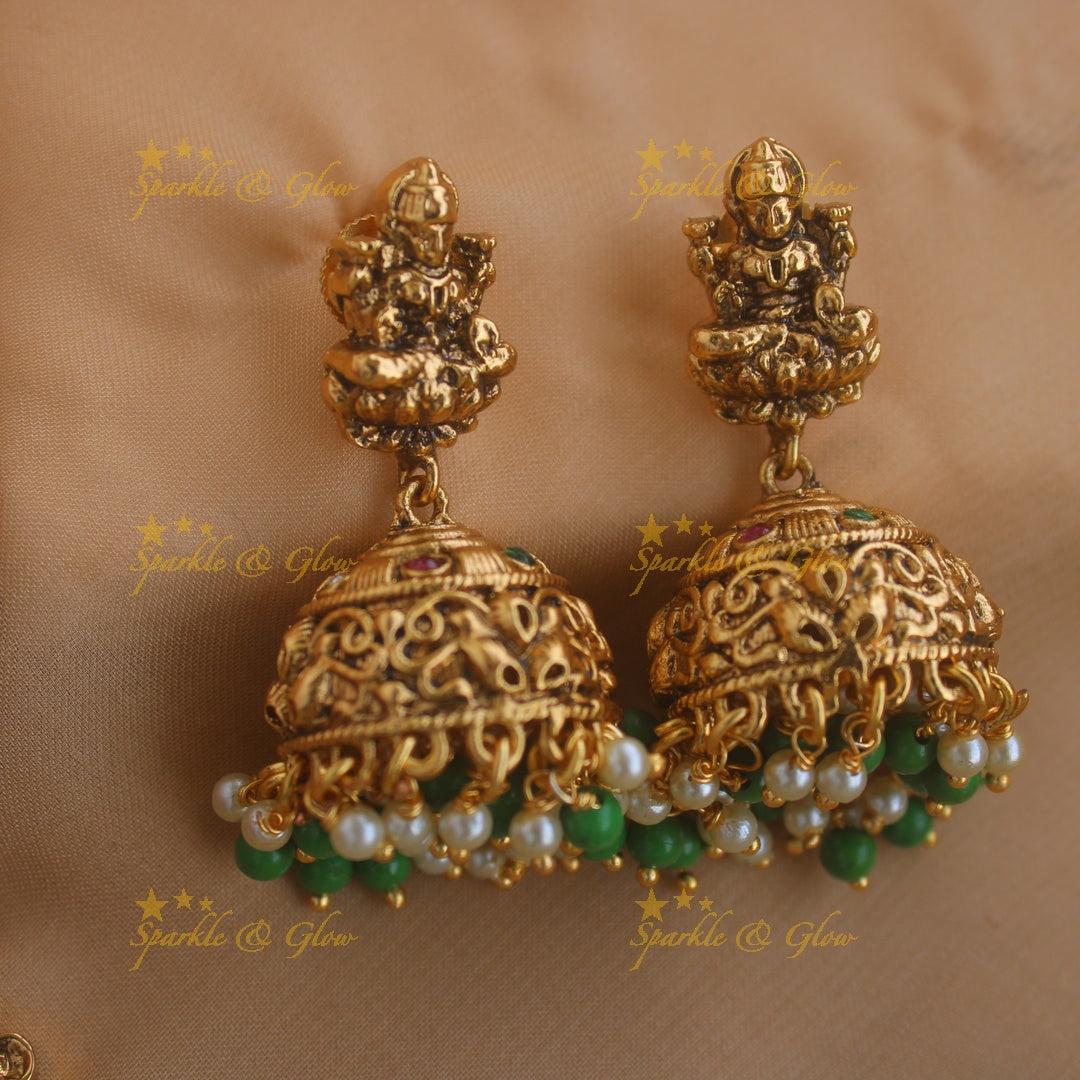 Gorgeous Lakshm peacock carved gutta pusalu long necklace with ruby and green beads