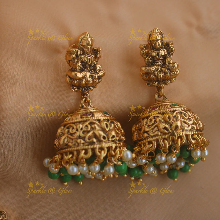 Gorgeous Lakshm peacock carved gutta pusalu long necklace with ruby and green beads