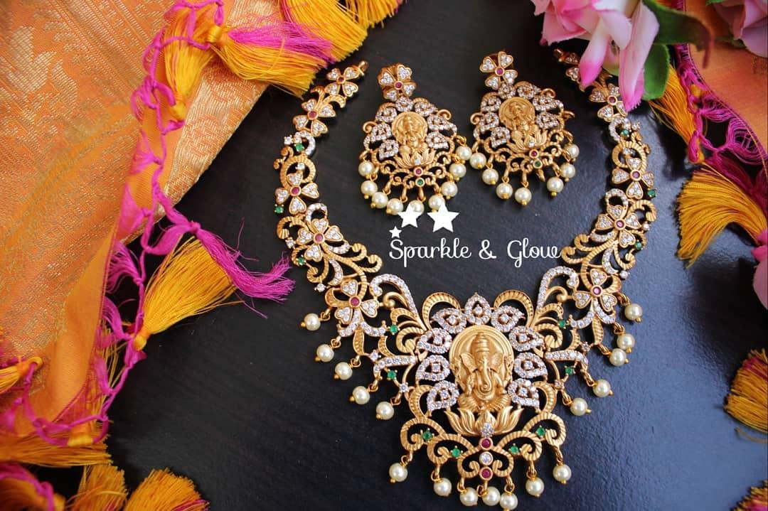 Premium quality matte polished Intricately carved ganesha necklace with CZ stones - Sparkle and Glow