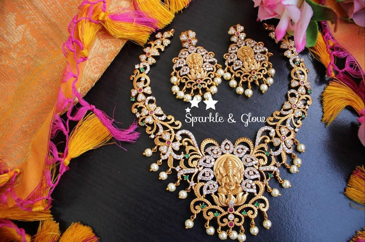 Premium quality matte polished Intricately carved ganesha necklace with CZ stones - Sparkle and Glow