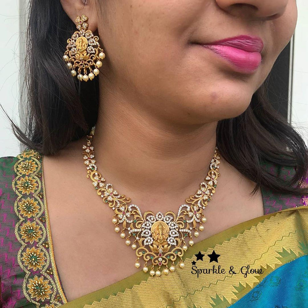 Premium quality matte polished Intricately carved ganesha necklace with CZ stones - Sparkle and Glow