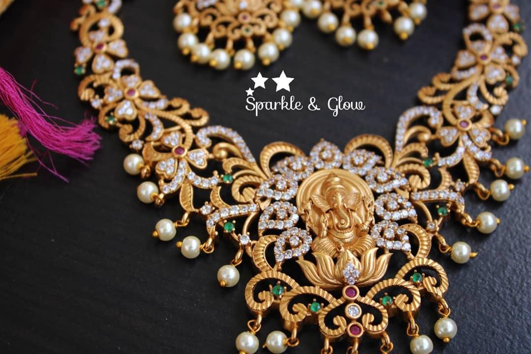 Premium quality matte polished Intricately carved ganesha necklace with CZ stones - Sparkle and Glow