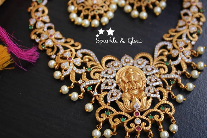 Premium quality matte polished Intricately carved ganesha necklace with CZ stones - Sparkle and Glow
