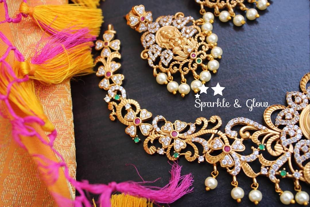 Premium quality matte polished Intricately carved ganesha necklace with CZ stones - Sparkle and Glow