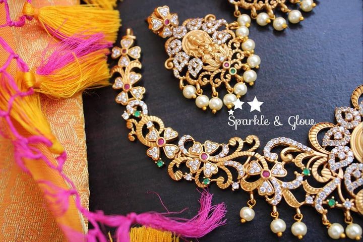 Premium quality matte polished Intricately carved ganesha necklace with CZ stones - Sparkle and Glow