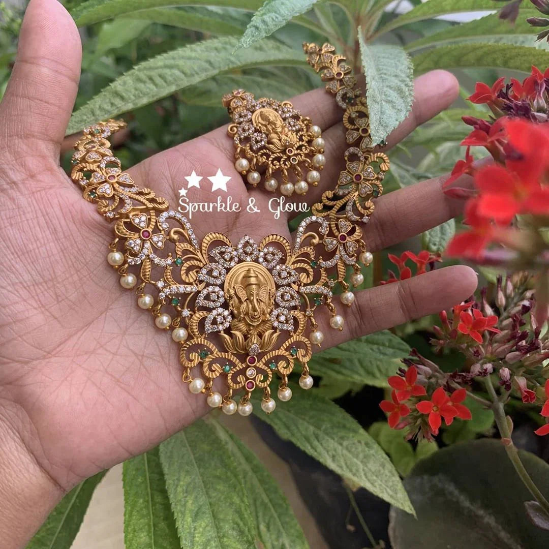 Premium quality matte polished Intricately carved ganesha necklace with CZ stones - Sparkle and Glow