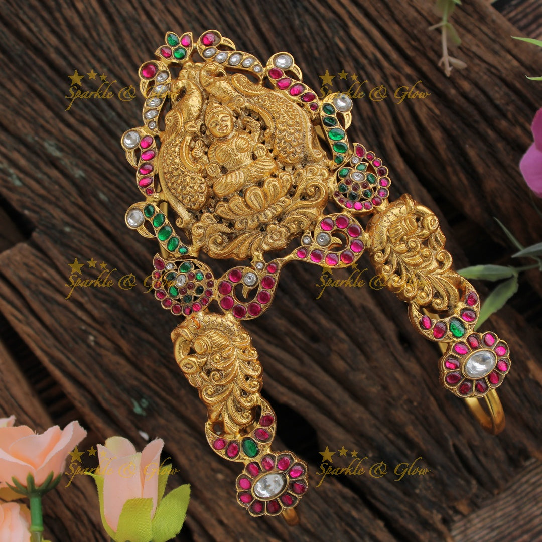 Jadau Grand intricate Lakshmi peacock floral design U shaped vanki with multi colour stones, single pc
