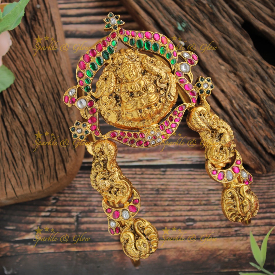 Jadau Beautiful Lakshmi peacock carved U shaped vanki with multi colour stones, single pc