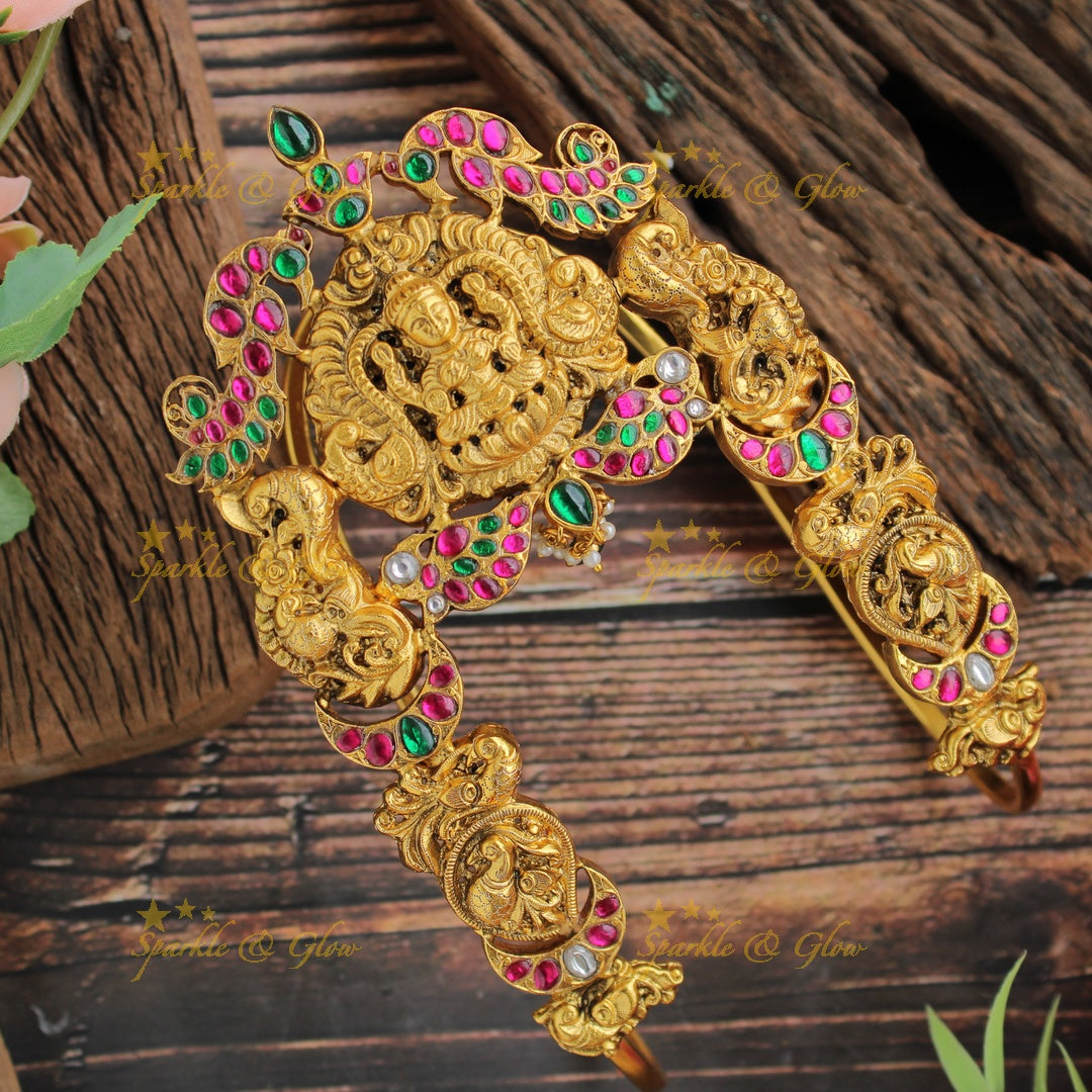 Jadau Grand gold alike Lakshmi peacock carved U shaped vanki with multi colour stones, single pc