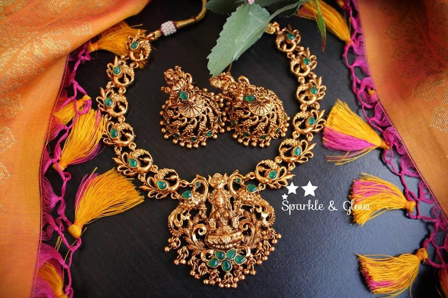 Lakshmi and peacock design temple necklace - Gold - Green - Sparkle and Glow