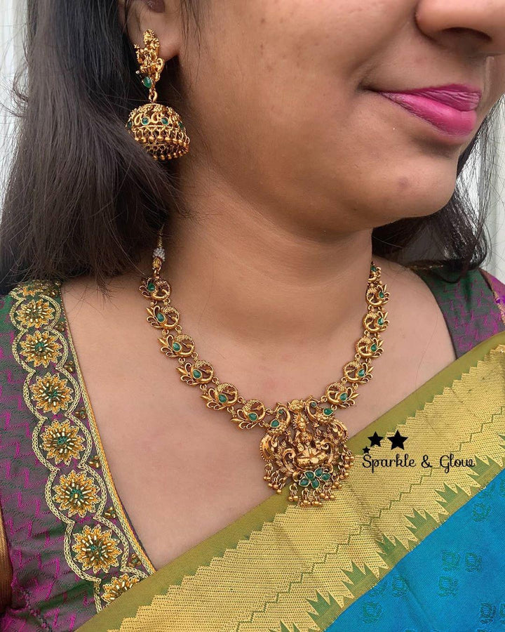 Lakshmi and peacock design temple necklace - Gold - Green - Sparkle and Glow