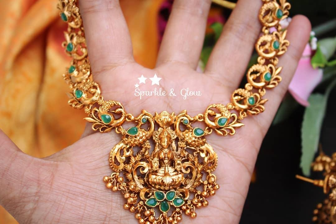Lakshmi and peacock design temple necklace - Gold - Green - Sparkle and Glow