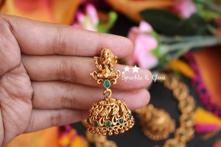 Lakshmi and peacock design temple necklace - Gold - Green - Sparkle and Glow