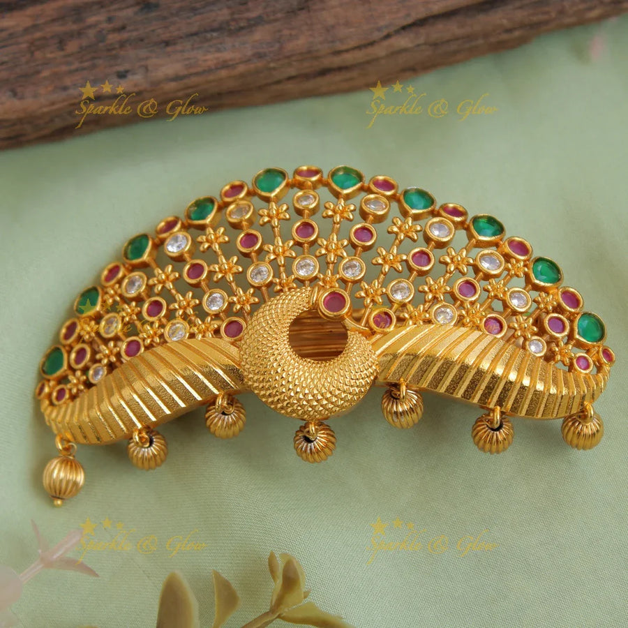 Beautiful peacock premium matt ruby emerald hair clip with gold beads - Sparkle and Glow