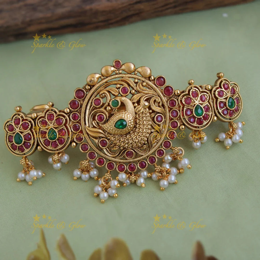 Gold alike peacock carved kemp hair clip with pearl drops - Sparkle and Glow
