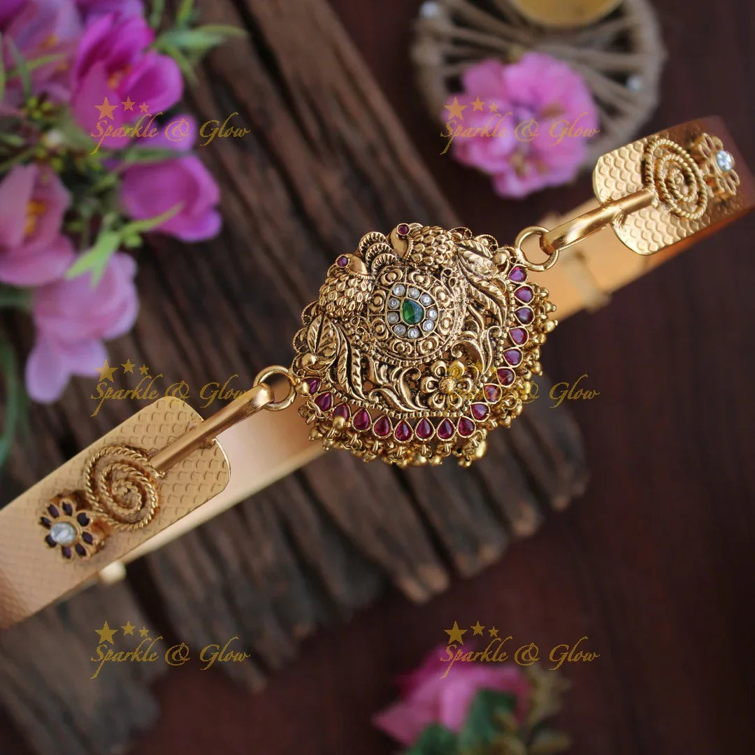 Gold alike Peacock pendent type plain hipbelt - Green Beads - Sparkle and Glow
