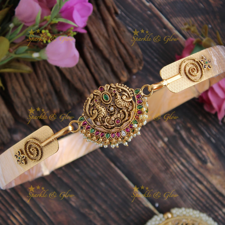 Gold alike Peacock pendent type plain hipbelt - Green Beads