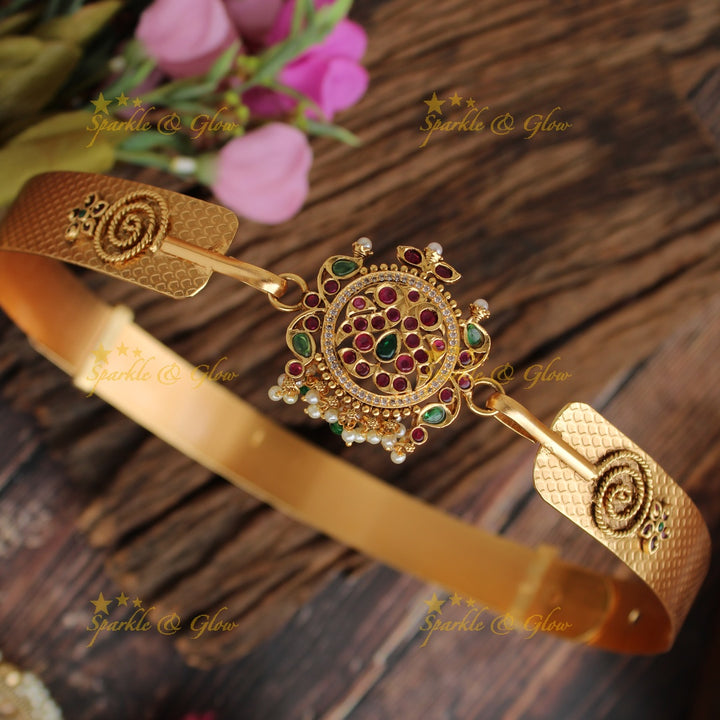 Gold alike Peacock pendent type plain hipbelt - Green Beads