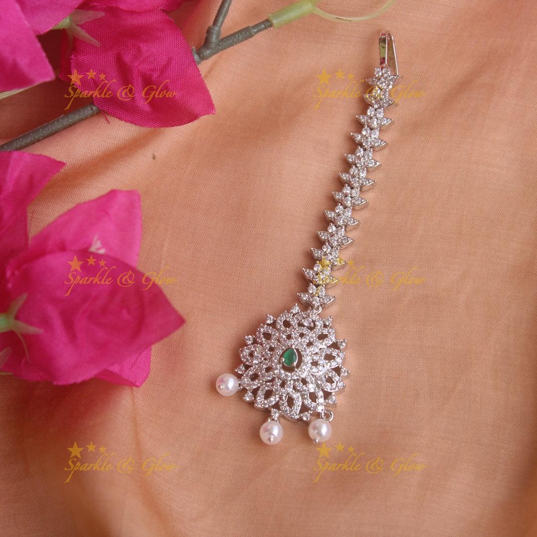 Silver Polish Maang Tikka with Pearls & Emerald