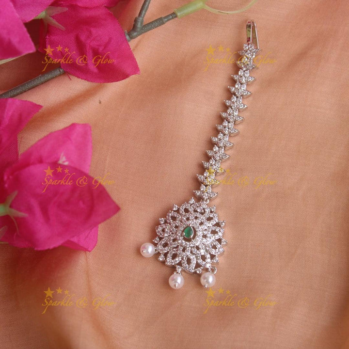 Silver Polish Maang Tikka with Pearls & Emerald