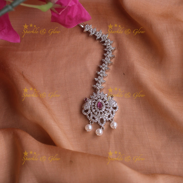 Statement silver polish peacock and floral maang tikka with pearls and ruby