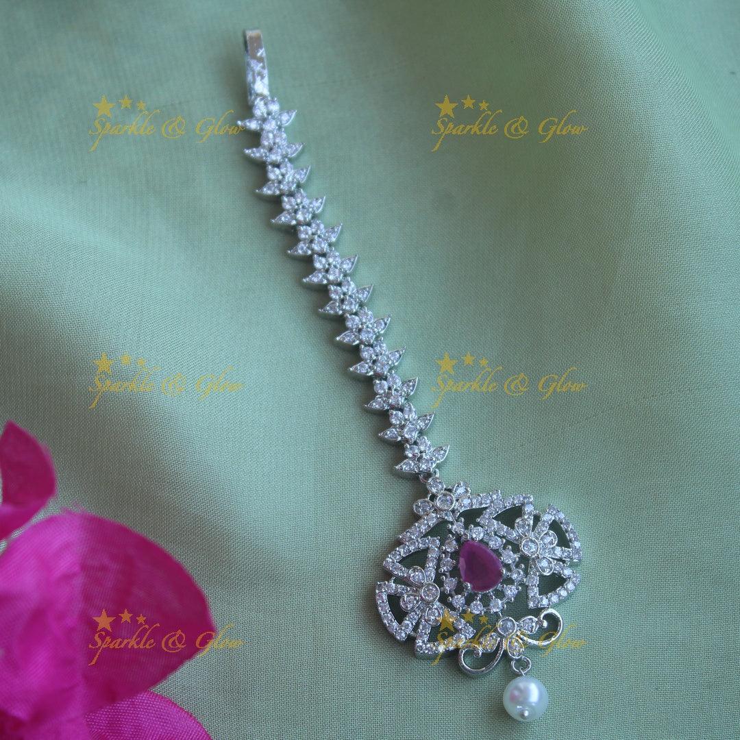 Silver Flower Maang Tikka with Pearls & Ruby