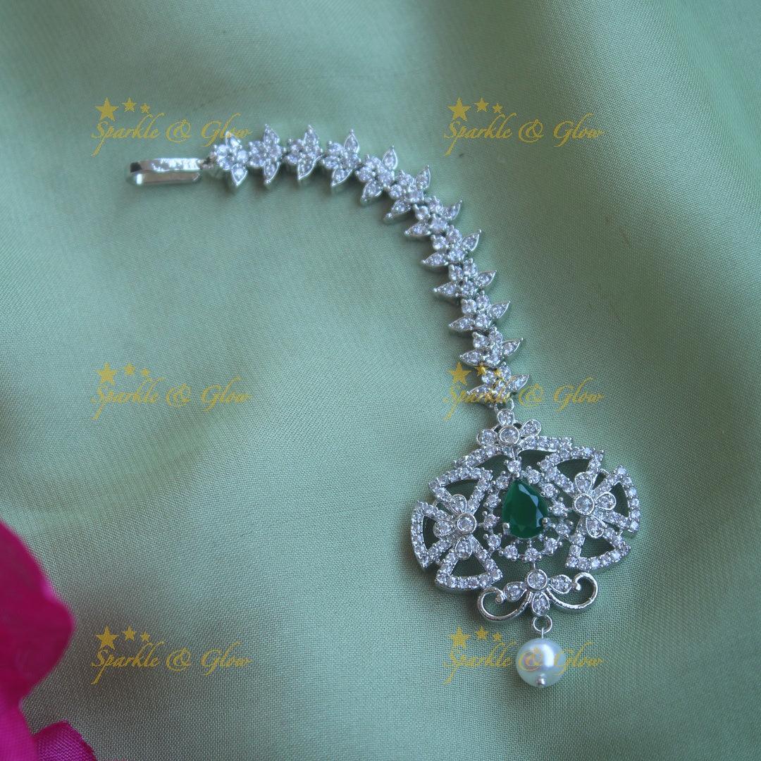 Silver Flower Maang Tikka with Pearls & Ruby
