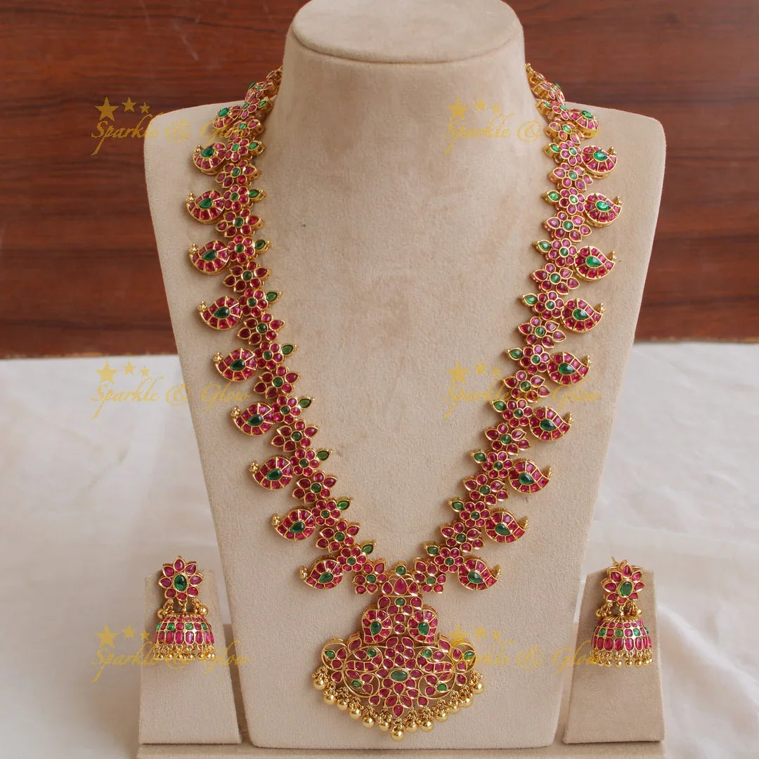 Gorgeous floral Mango kemp long necklace with green beads and kemp stones - Sparkle and Glow
