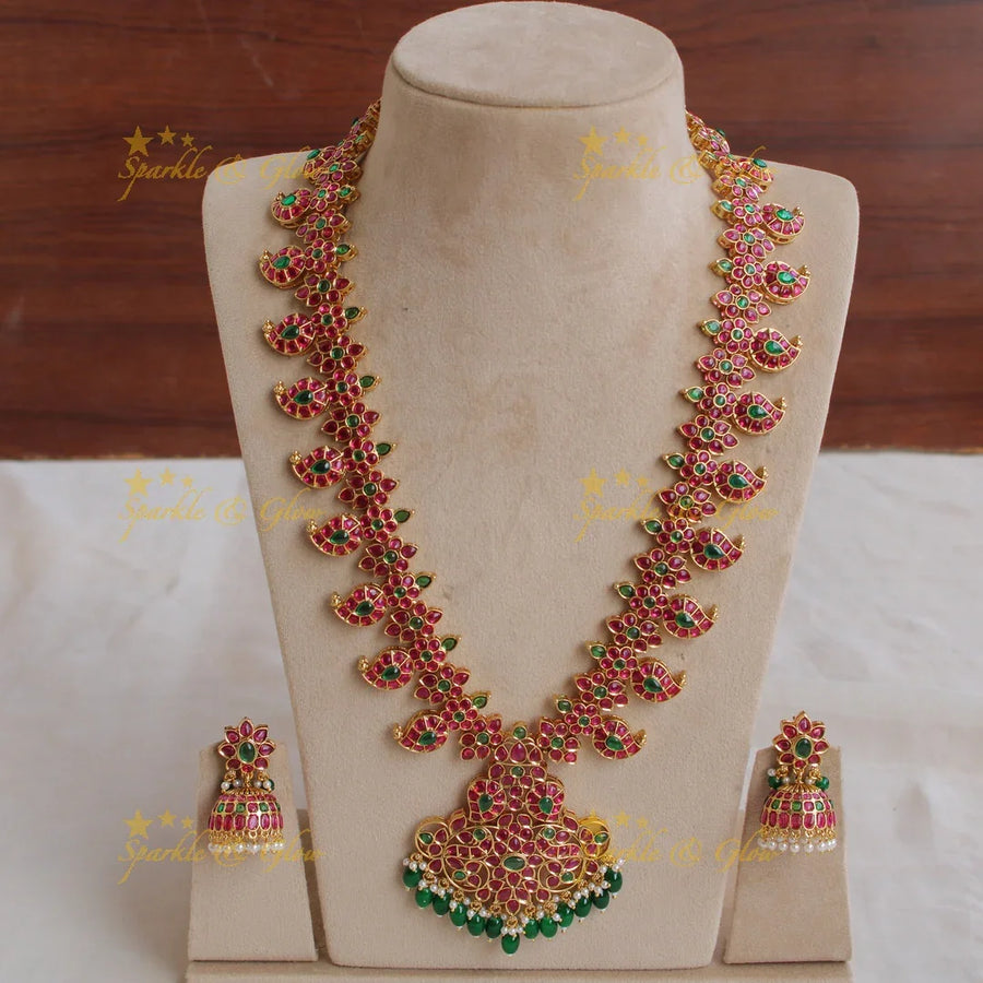 Gorgeous floral Mango kemp long necklace with green beads and kemp stones - Sparkle and Glow