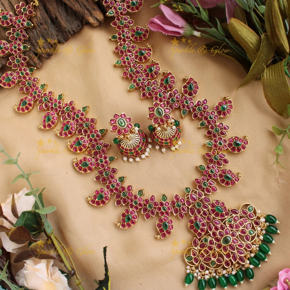Gorgeous floral Mango kemp long necklace with green beads and kemp stones - Sparkle and Glow