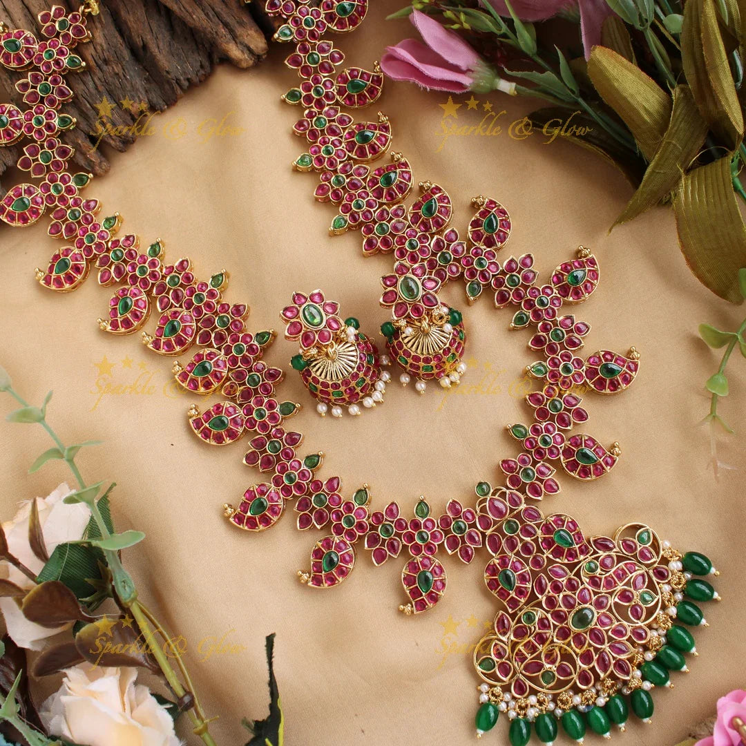 Gorgeous floral Mango kemp long necklace with green beads and kemp stones - Sparkle and Glow