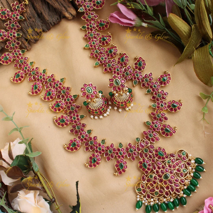 Gorgeous floral Mango kemp long necklace with green beads and kemp stones - Sparkle and Glow