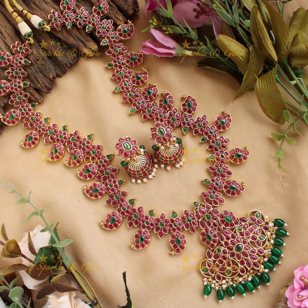 Gorgeous floral Mango kemp long necklace with green beads and kemp stones - Sparkle and Glow