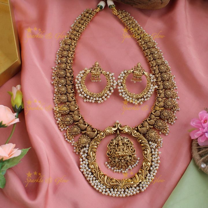 Exquisite Lakshmi peacock elephant carved gutta pusalu long necklace with cluster pearls - Sparkle and Glow - Back Thread - 