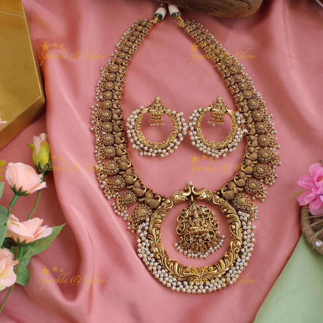 Exquisite Lakshmi peacock elephant carved gutta pusalu long necklace with cluster pearls - Sparkle and Glow - Back Thread - 
