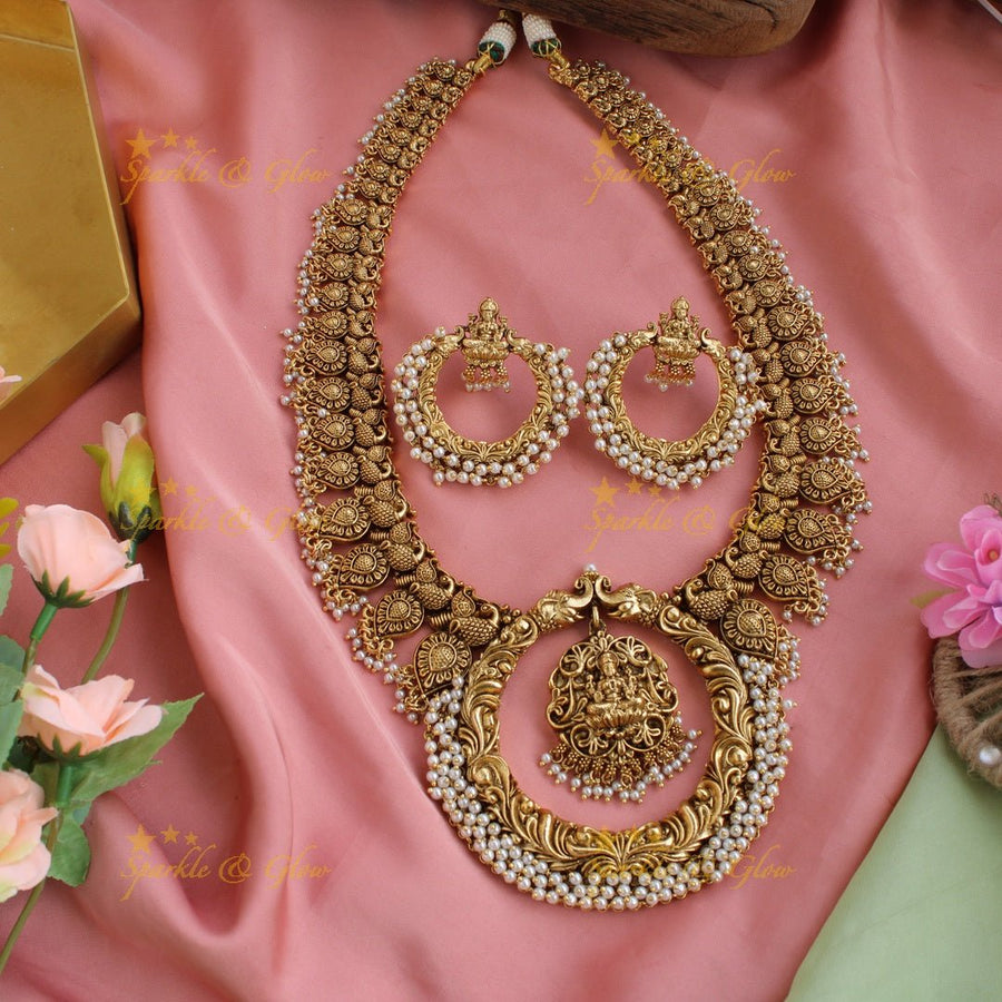 Exquisite Lakshmi peacock elephant carved gutta pusalu long necklace with cluster pearls - Sparkle and Glow - Back Thread - 