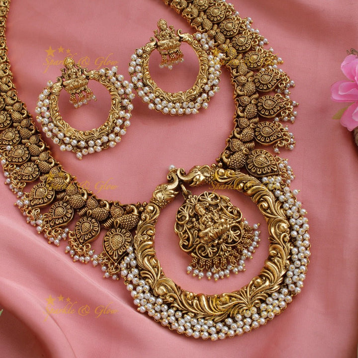 Exquisite Lakshmi peacock elephant carved gutta pusalu long necklace with cluster pearls - Sparkle and Glow - Back Thread - 