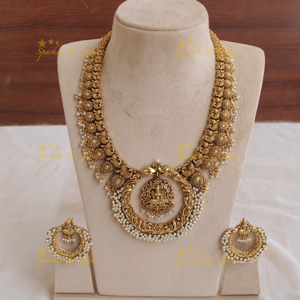 Exquisite Lakshmi peacock elephant carved gutta pusalu long necklace with cluster pearls - Sparkle and Glow - Back Thread - 