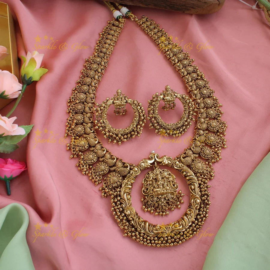 Exquisite Lakshmi peacock elephant carved gutta pusalu long necklace with cluster gold beads - Sparkle and Glow