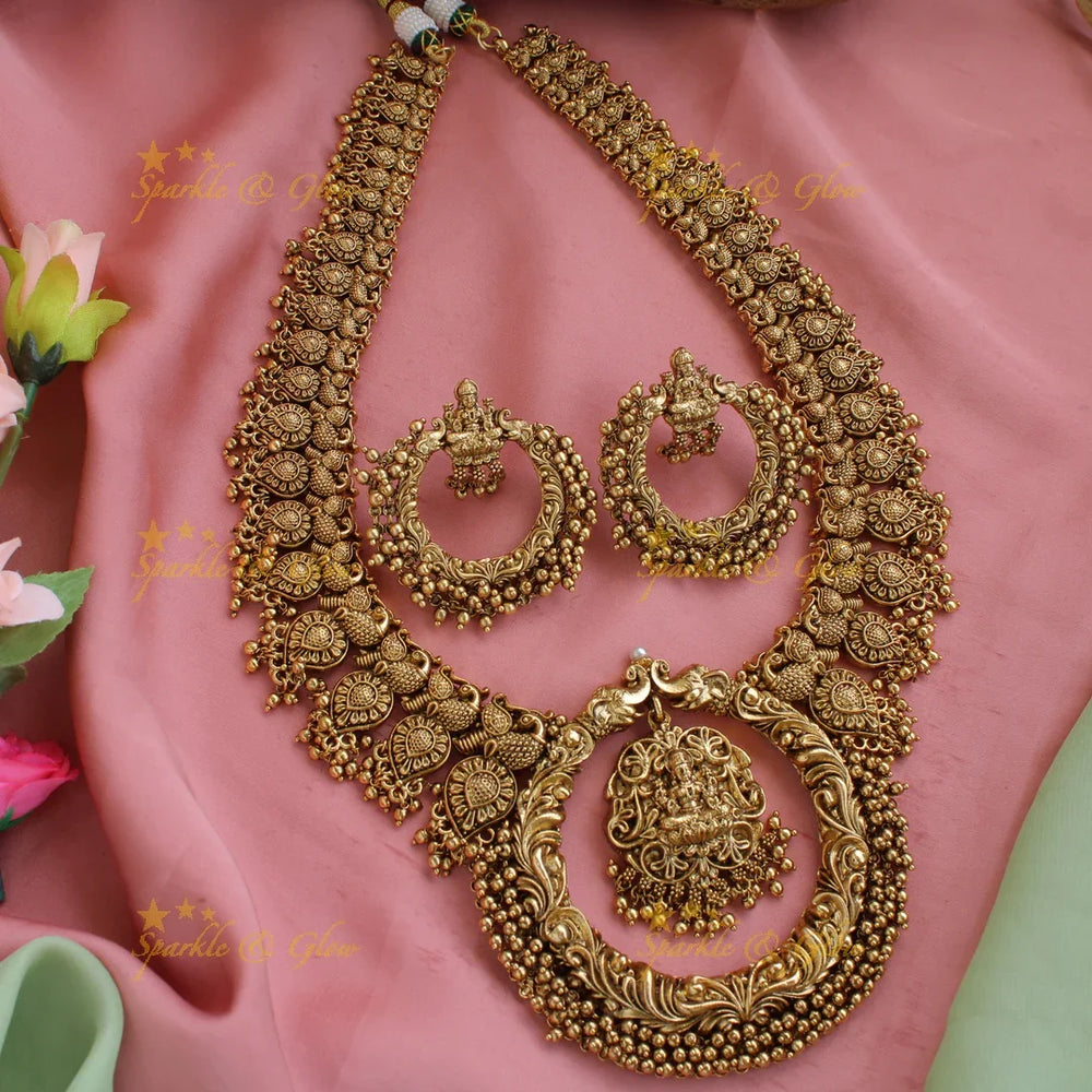 Exquisite Lakshmi peacock elephant carved gutta pusalu long necklace with cluster gold beads - Sparkle and Glow