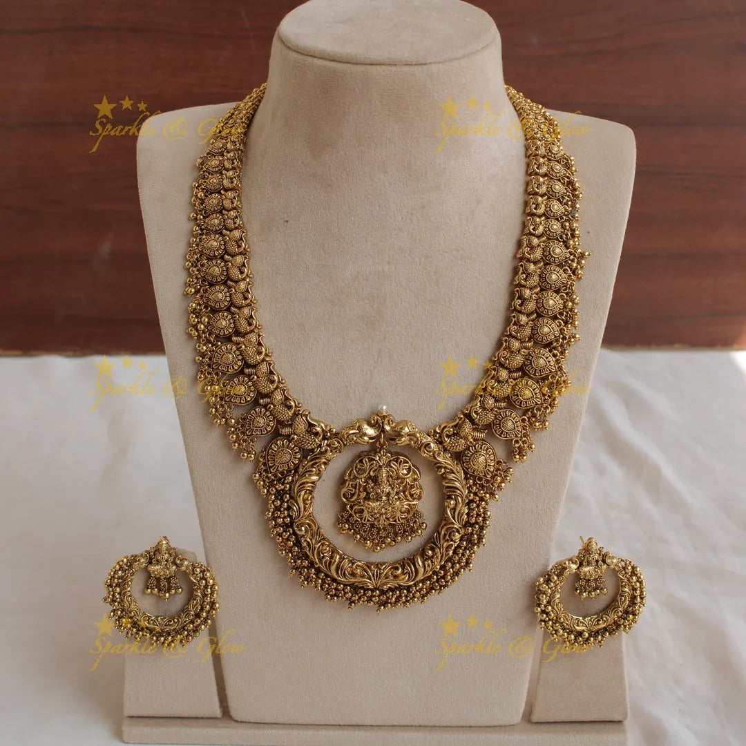Exquisite Lakshmi peacock elephant carved gutta pusalu long necklace with cluster gold beads - Sparkle and Glow