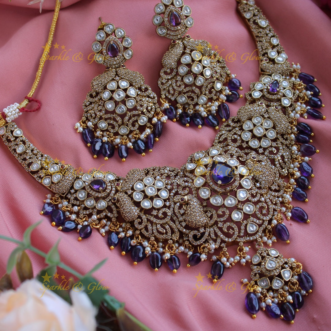Statement peacock floral design victorian AD short necklace with pearls and green beads