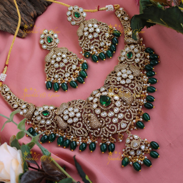Statement peacock floral design victorian AD short necklace with pearls and green beads