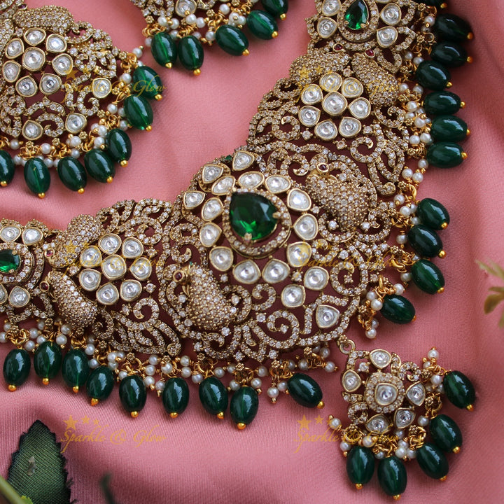 Statement peacock floral design victorian AD short necklace with pearls and green beads
