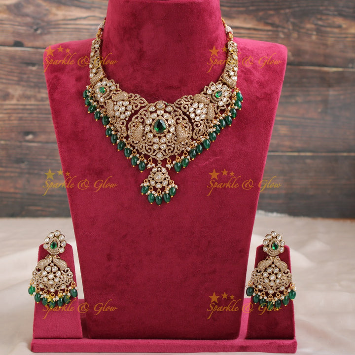 Statement peacock floral design victorian AD short necklace with pearls and green beads