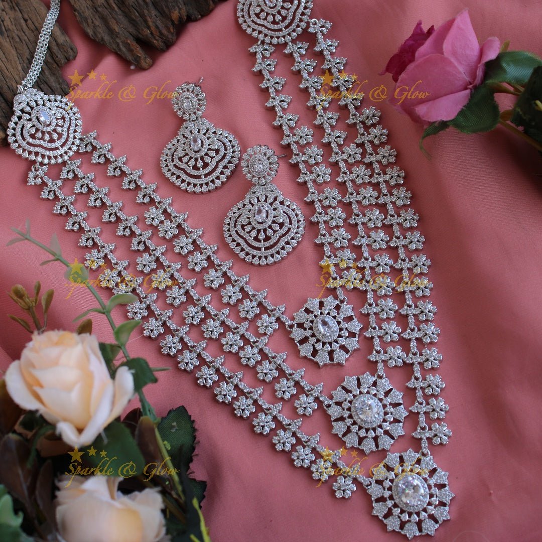 Sparkling American diamond multi layer silver poslish long necklace - Sparkle and Glow - Back Thread - 
