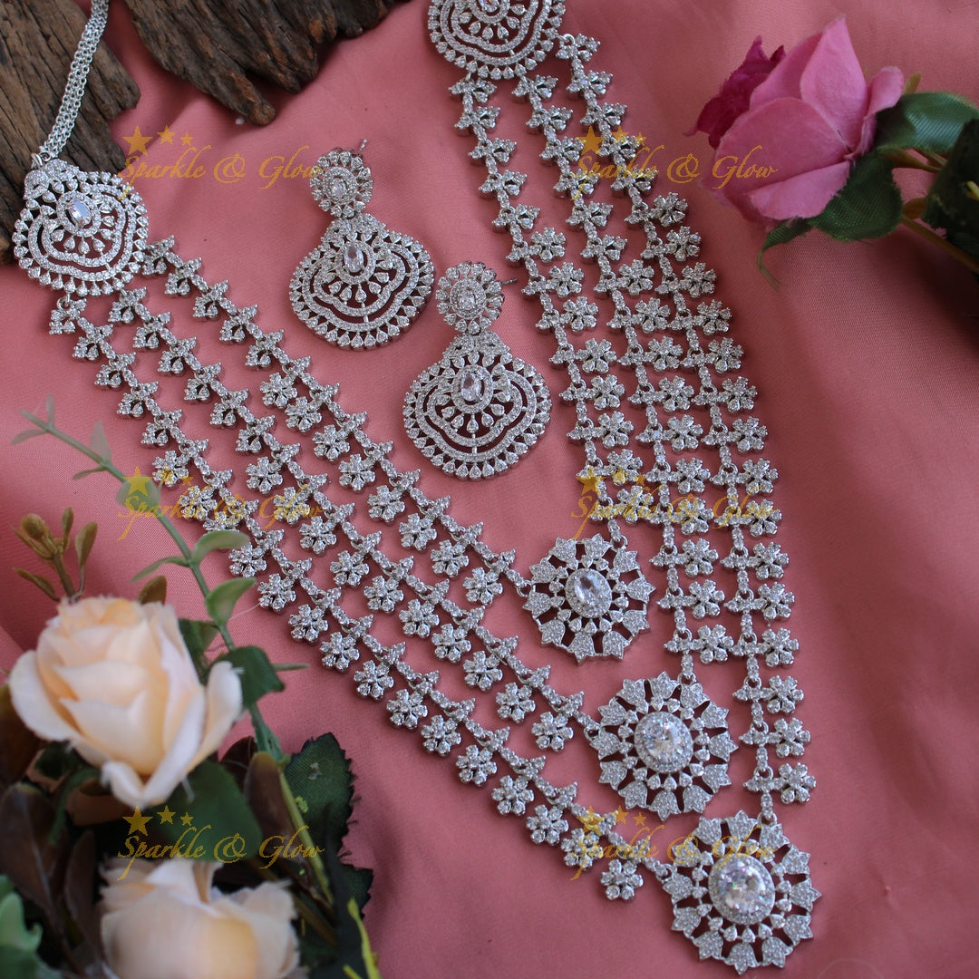 Sparkling American diamond multi layer silver poslish long necklace with ruby - pink