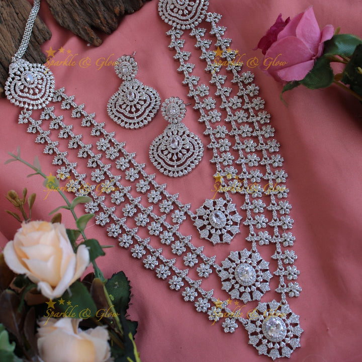 Sparkling American diamond multi layer silver poslish long necklace with ruby - pink
