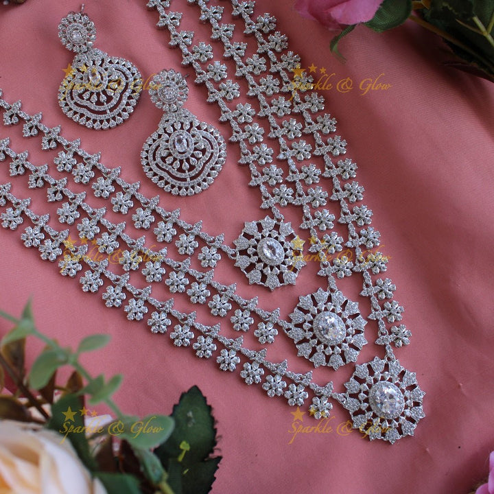 Sparkling American diamond multi layer silver poslish long necklace - Sparkle and Glow - Back Thread - 